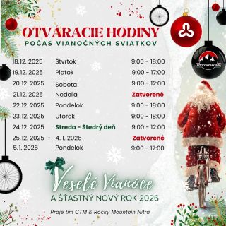 ✨️🕑 Otváracie hodiny počas vianočných sviatkov 🎄 🎄🫶 Celý tím CTM & Rocky Mountain Nitra vám zo srdca praje krásne sviatky...